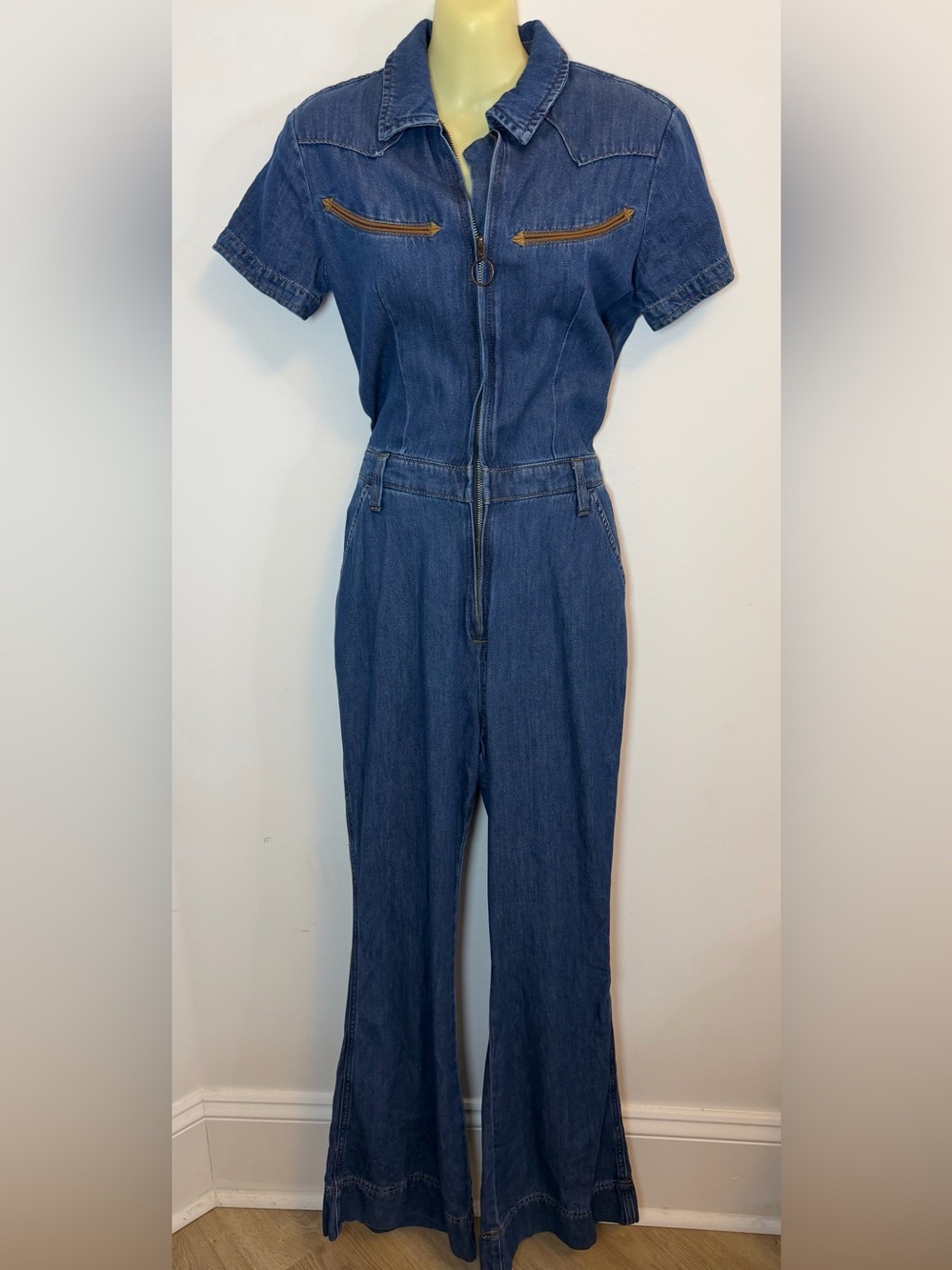 Wrangler Blue Denim Short-Sleeve Zip-Front Flare Leg Jumpsuit